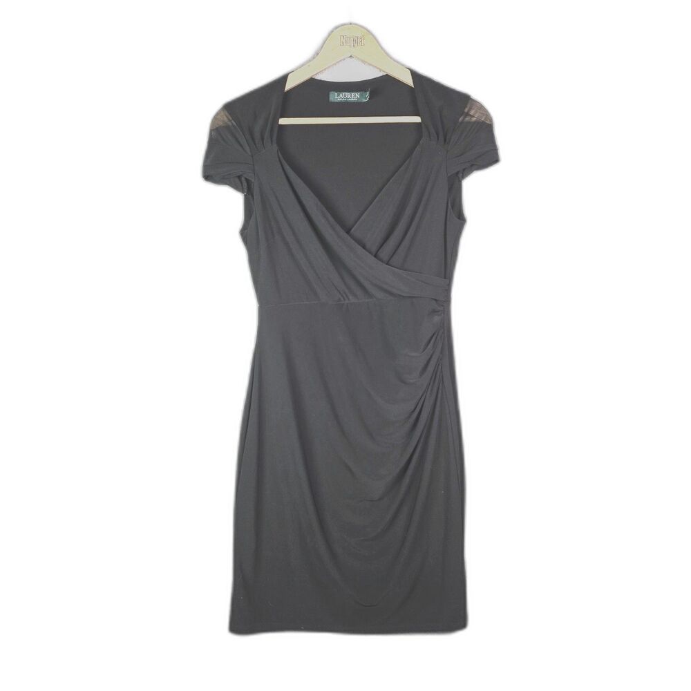 Lauren Ralph Lauren Dress Black 10P Ruched Faux Wrap Sheer Sleeve Career